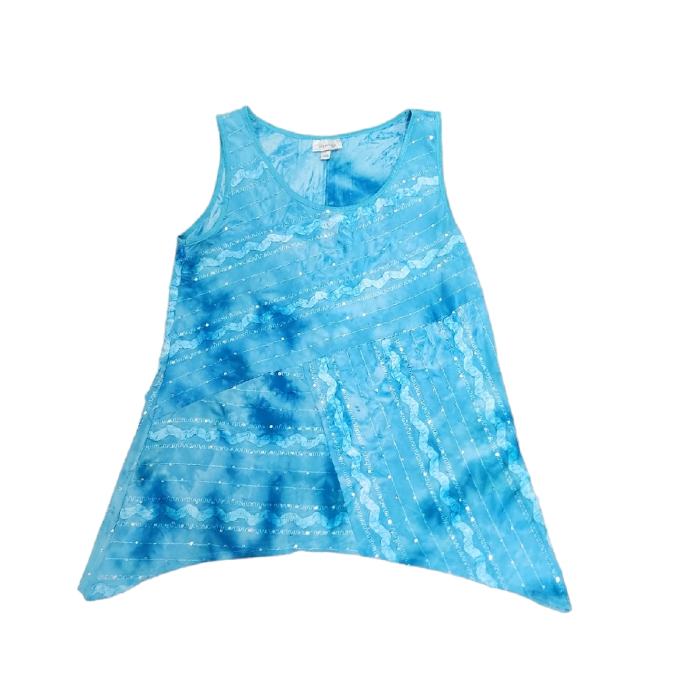 Dress Barn Blue Sleeveless Shirt with Sequins and Raised Embroidered Design Sz L